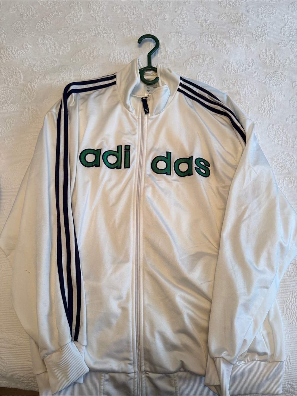 adidas White Track Jacket with Navy Stripes and Green Logo